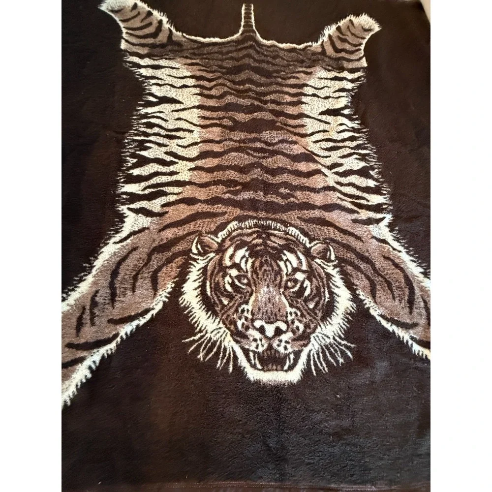Vintage Biederlack Style Tiger Faux‎ Pelt Rug Fleece Blanket Germany 85x89 XL